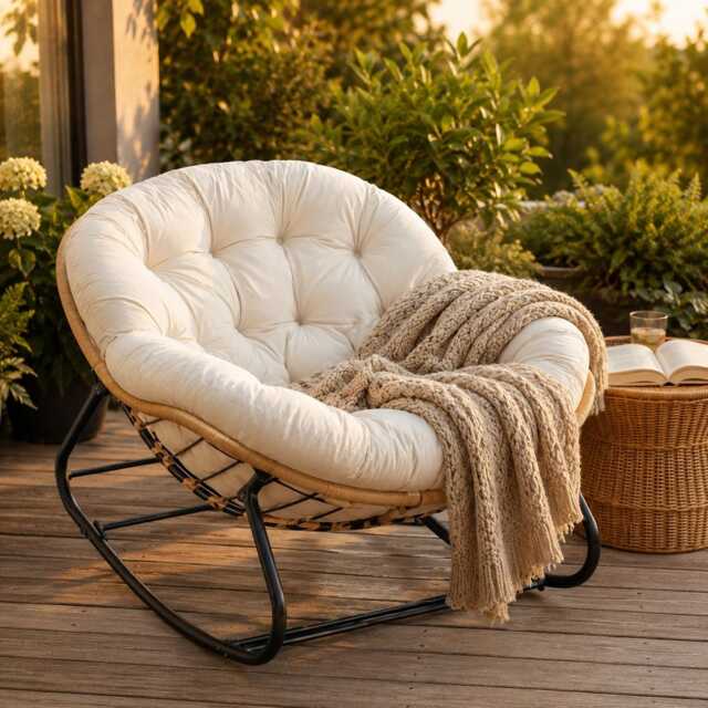 White Rattan Outdoor Rocking Chair With Soft Pillow, Modern Garden Lounge Seat - image 1