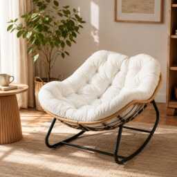 White Rattan Outdoor Rocking Chair With Soft Pillow, Modern Garden Lounge Seat - thumbnail 3