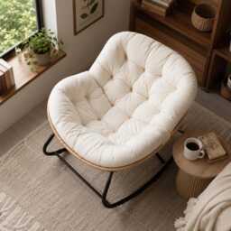 White Rattan Outdoor Rocking Chair With Soft Pillow, Modern Garden Lounge Seat - thumbnail 4