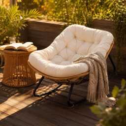 White Rattan Outdoor Rocking Chair With Soft Pillow, Modern Garden Lounge Seat - thumbnail 2