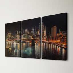 Manhattan Skyline Night 3 Panel Split Canvas Wall Art Brooklyn Bridge City Lights New York Oil Painting Framed Home Decor Gift