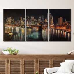 Manhattan Skyline Night 3 Panel Split Canvas Wall Art Brooklyn Bridge City Lights New York Oil Painting Framed Home Decor Gift - thumbnail 2