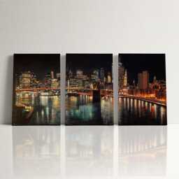 Manhattan Skyline Night 3 Panel Split Canvas Wall Art Brooklyn Bridge City Lights New York Oil Painting Framed Home Decor Gift - thumbnail 3