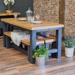 Outdoor Dining Table & Benches Garden Furniture Set - Solid Oak - thumbnail 2