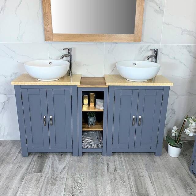 Handcrafted Grey Painted Double Sink Bathroom Vanity - Cream Marble Top - image 1