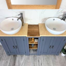 Handcrafted Grey Painted Double Sink Bathroom Vanity - Cream Marble Top - thumbnail 2