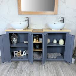 Handcrafted Grey Painted Double Sink Bathroom Vanity - Cream Marble Top - thumbnail 3