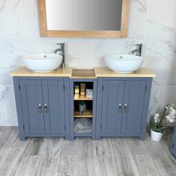 Handcrafted Grey Painted Double Sink Bathroom Vanity - Cream Marble Top
