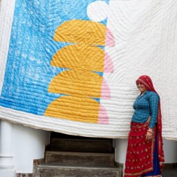 Hand-Block Printed Quilt Pink & Blue Reversible Cotton Comforter Set, Twin/Queen King, Kantha Bedspread - thumbnail 3