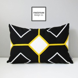 Black & White Sunbrella?? Pillow Cover in Modern Geometric Design & Yellow Accent, Cushions For Patio/Garden Seating, Mazizmuse - thumbnail 4