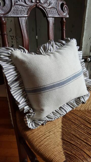 1 Grain Sack Pillow - Ticking Blue 3 Stripe Fabric W/Ticking Ruffle Beige - image 1