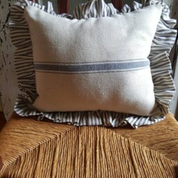 1 Grain Sack Pillow - Ticking Blue 3 Stripe Fabric W/Ticking Ruffle Beige - thumbnail 3