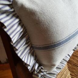 1 Grain Sack Pillow - Ticking Blue 3 Stripe Fabric W/Ticking Ruffle Beige - thumbnail 2
