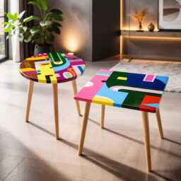 Handmade Abstract Epoxy Resin Coffee Tables, Colorful Accent Set - thumbnail 2