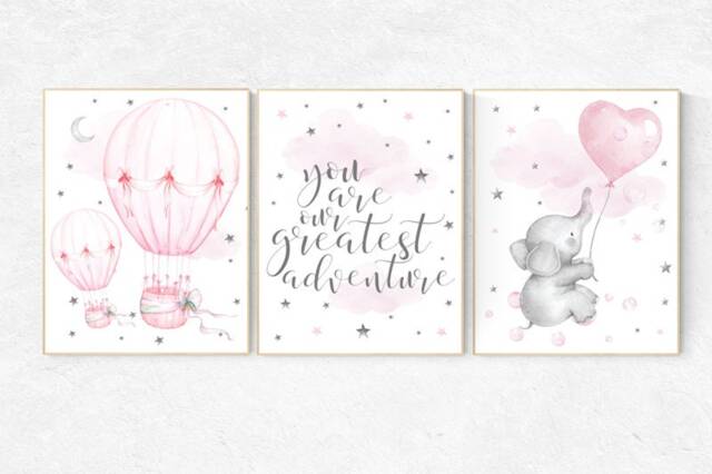 Elephant Nursery Decor Pink Hot Air Balloon, Stars Art Print - image 1