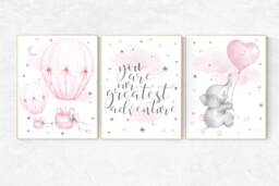 Elephant Nursery Decor Pink Hot Air Balloon, Stars Art Print - thumbnail 1