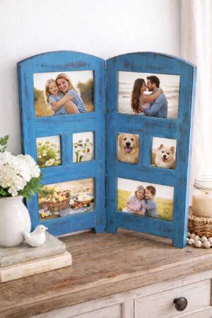 Hand-Painted Distressed Turquoise Folding Photo Frame Upcycled Wood Collage Display - image 1