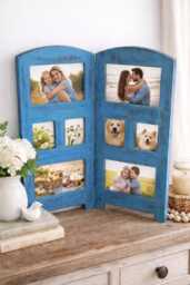 Hand-Painted Distressed Turquoise Folding Photo Frame Upcycled Wood Collage Display