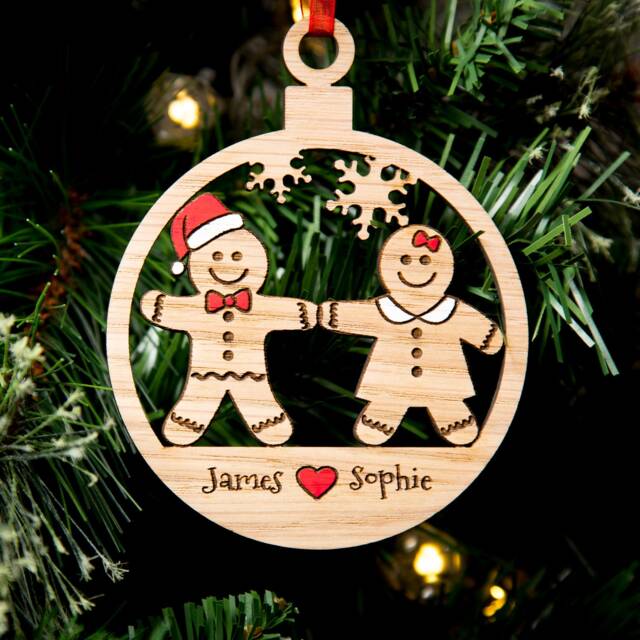 Personalized Gingerbread Couple Christmas Ornament Engraved Wood Bauble - image 1