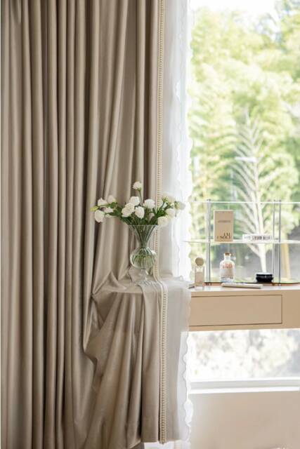 A Pair Of Beige Velvet Curtains With Decorative Lace Trim , Living Room Curtains, Velvet Drapery Panels, Bedroom Custom Made - image 1