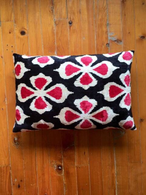 Red & Black Ikat Velvet Pillow Cover Ethnic Retro Cushion - image 1