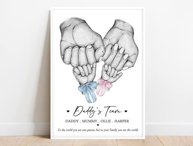 Personalised Family Daddy's Team Print Fist Hands Up To 4 Children Only Unframed Mummy Boy Girl Father's Day Present Gift Dad Bows - image 1