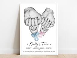 Personalised Family Daddy's Team Print Fist Hands Up To 4 Children Only Unframed Mummy Boy Girl Father's Day Present Gift Dad Bows - thumbnail 1