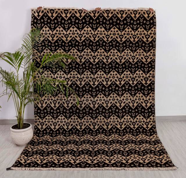 6x9 Rug Black Beige Modern Oriental Design Rugs Handmade Wool #630 - 180x275 cms - image 1