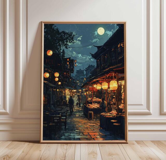 Moonlit Chinese Market Poster, Lantern Street Art Print, Traditional Urban Decor, Night Scene, Peaceful Artwork - image 1
