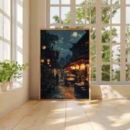 Moonlit Chinese Market Poster, Lantern Street Art Print, Traditional Urban Decor, Night Scene, Peaceful Artwork - thumbnail 2