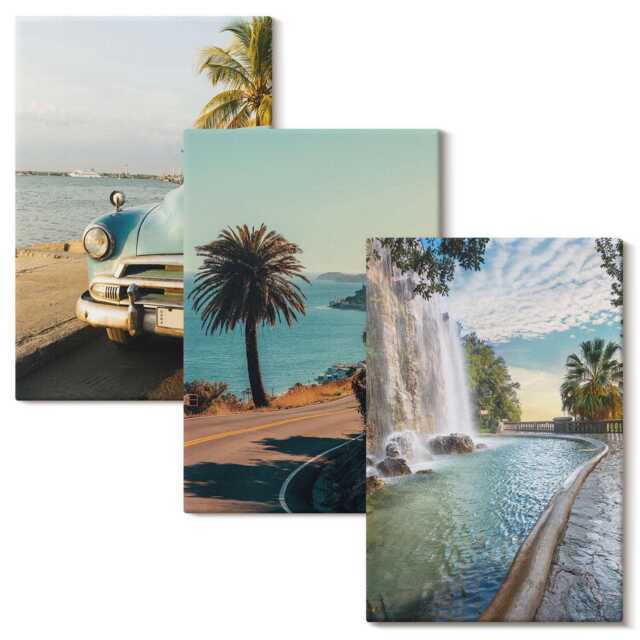 Canvas Wall Art Set Of 3 - Holiday Landscapes With Palm Trees & A Waterfall, Blue Print, Decor - image 1