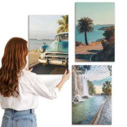 Canvas Wall Art Set Of 3 - Holiday Landscapes With Palm Trees & A Waterfall, Blue Print, Decor - thumbnail 2