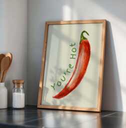 Chilli Pepper, You're Hot Print Kitchen Wall Print, Trendy Retro Food Art Red Aesthetic Decor - thumbnail 1