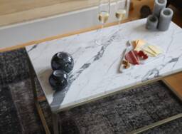 Italian Bianco Carrara Marble Coffee Table Brass Legs, Modern Elegance - thumbnail 1