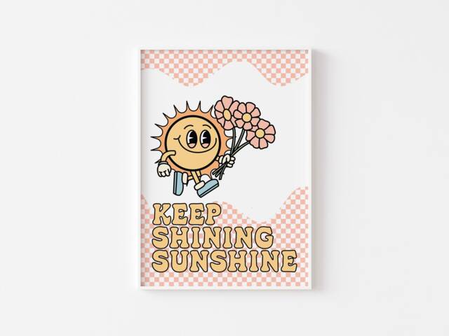 Keep Shining Sunshine Retro Character Print - Wavy Checkerboard Mascot Cartoon, Fun 60S 70S Art, Cute Pastel Positivity, Flowers - image 1
