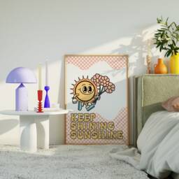 Keep Shining Sunshine Retro Character Print - Wavy Checkerboard Mascot Cartoon, Fun 60S 70S Art, Cute Pastel Positivity, Flowers - thumbnail 3