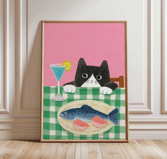 Cat & Fish Poster, Funny Kitchen Wall Art, Black White Print, Food Illustration, Playful Animal Cute Decor - image 1