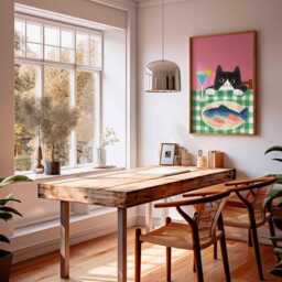 Cat & Fish Poster, Funny Kitchen Wall Art, Black White Print, Food Illustration, Playful Animal Cute Decor - thumbnail 2