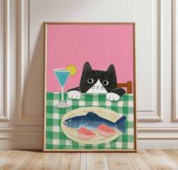 Cat & Fish Poster, Funny Kitchen Wall Art, Black White Print, Food Illustration, Playful Animal Cute Decor - thumbnail 1