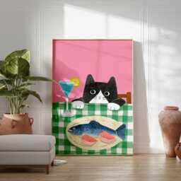 Cat & Fish Poster, Funny Kitchen Wall Art, Black White Print, Food Illustration, Playful Animal Cute Decor - thumbnail 3