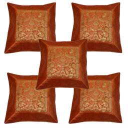 Square Silk Home Decor Cushion Cover, Indian Brocade Pillow Handmade Banarsi Cover Set