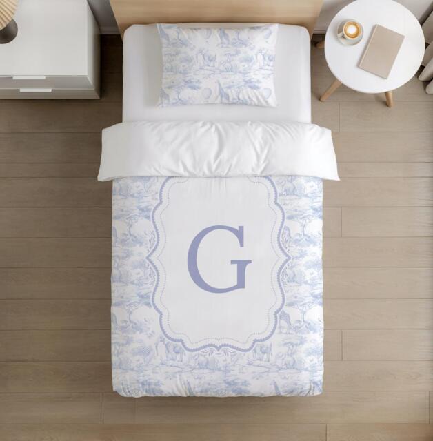 Bedding - Toile De Jouy Safari Personalised Letter Blue, Duvet Cover Set, Fitted Sheets, Pillow Case, Modern Colourful Kids Bedding - image 1
