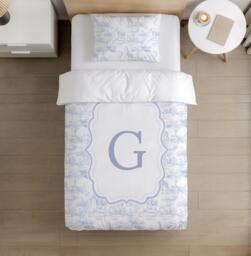 Bedding - Toile De Jouy Safari Personalised Letter Blue, Duvet Cover Set, Fitted Sheets, Pillow Case, Modern Colourful Kids Bedding - thumbnail 1