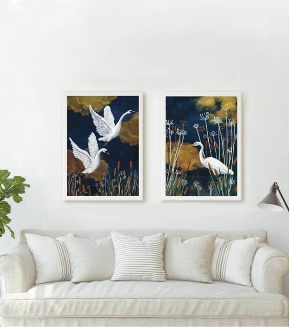 Set Of 2 Art Prints - Lake Art Print Swans & Stork Fantasy Poster British Wildlife Wall Vintage Living Room Bedroom - image 1