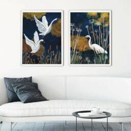Set Of 2 Art Prints - Lake Art Print Swans & Stork Fantasy Poster British Wildlife Wall Vintage Living Room Bedroom - thumbnail 2