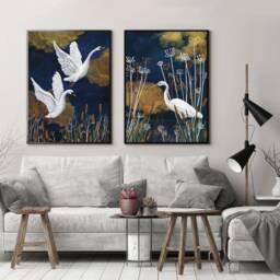 Set Of 2 Art Prints - Lake Art Print Swans & Stork Fantasy Poster British Wildlife Wall Vintage Living Room Bedroom - thumbnail 3