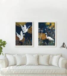 Set Of 2 Art Prints - Lake Art Print Swans & Stork Fantasy Poster British Wildlife Wall Vintage Living Room Bedroom - thumbnail 1