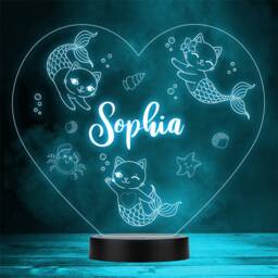 Girls Cute Mermaid Cats With Bubbles Heart Personalised Gift Colour Night Light