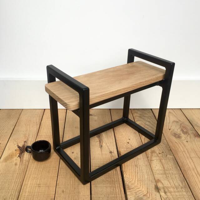 Work Stool - Black Metal Base + Oak Top H32 X W40 D20cm - image 1
