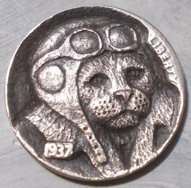 Deep Carved Hobo Nickel, Aviator Kitty